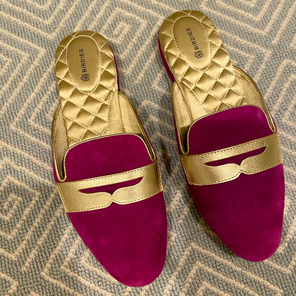 Hot pink velvet Birdies mules